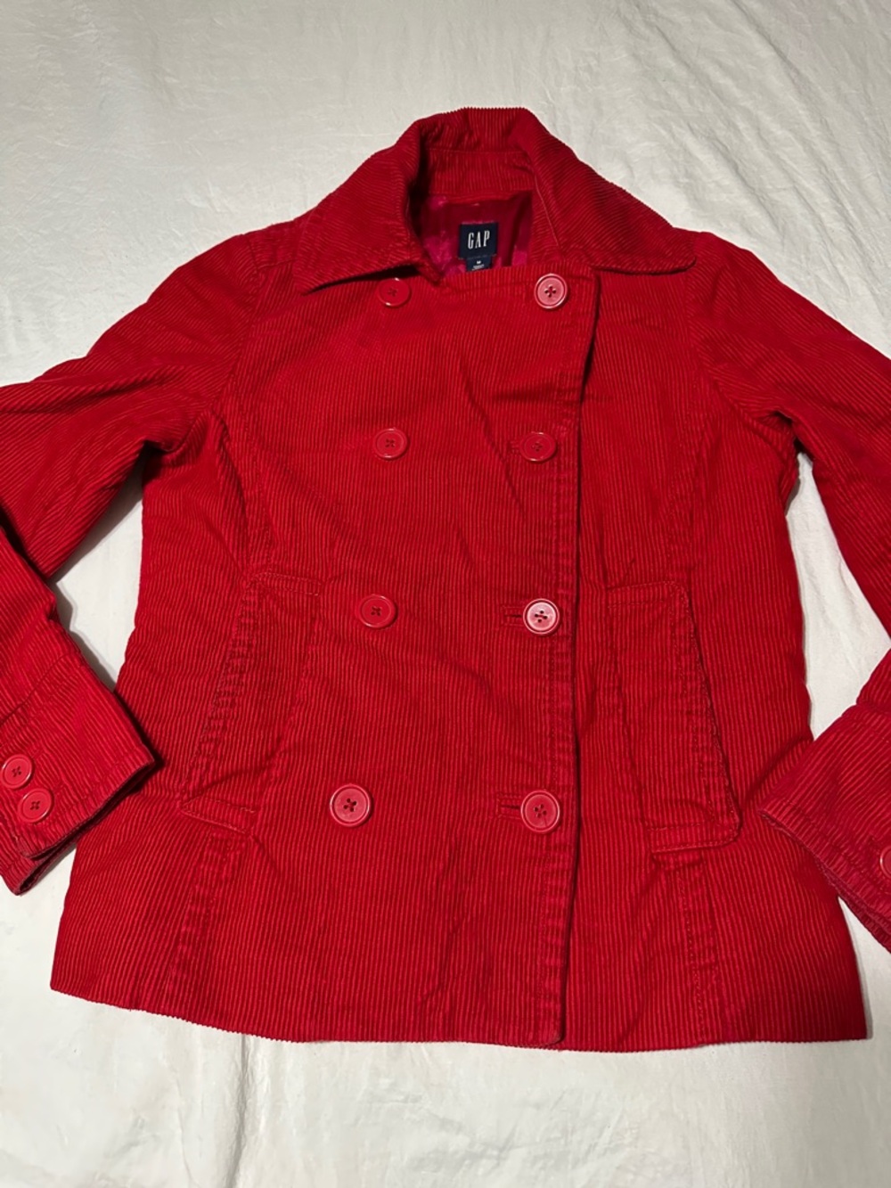GAP Women's Red Double-Breasted Corduroy Peacoat